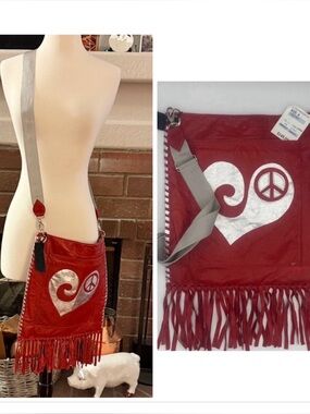 Eye of Ruth Red Fringe Crossbody Bag with Silver Peace Heart New with Tags